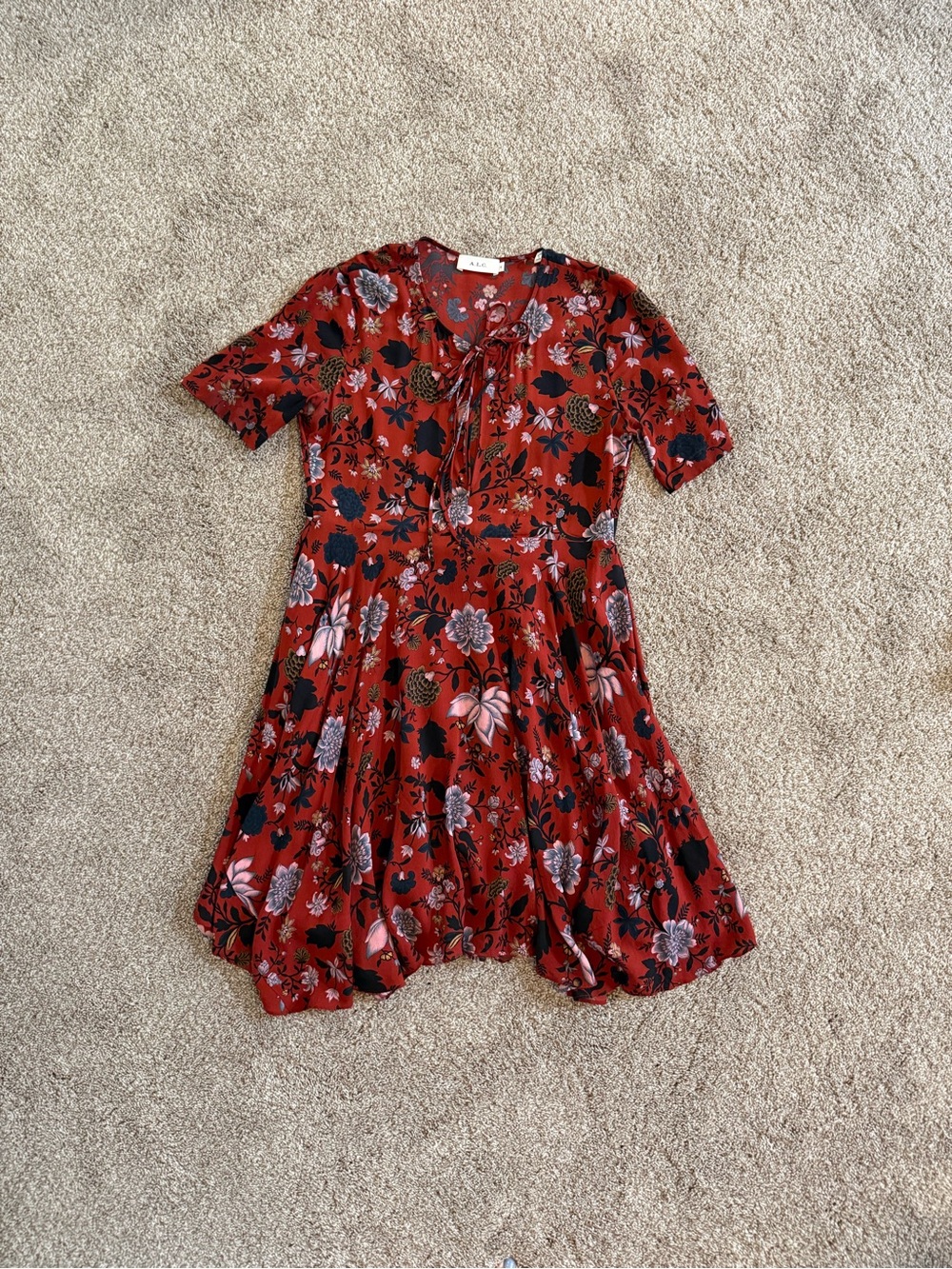 A.L.C. Sosta Red Floral Tie-Neck Short Sleeve Dress